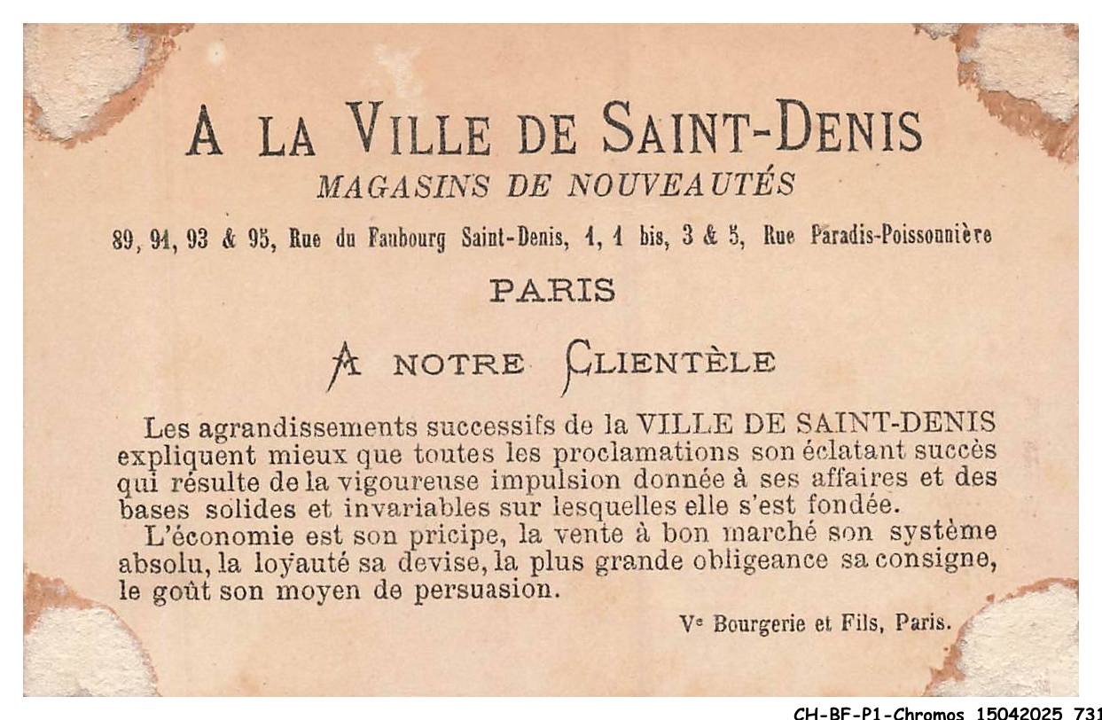 Rare Chromo Ancien Publicitaire "A La Ville De Saint-Denis" Grands Magasins De Nouveautés Paris